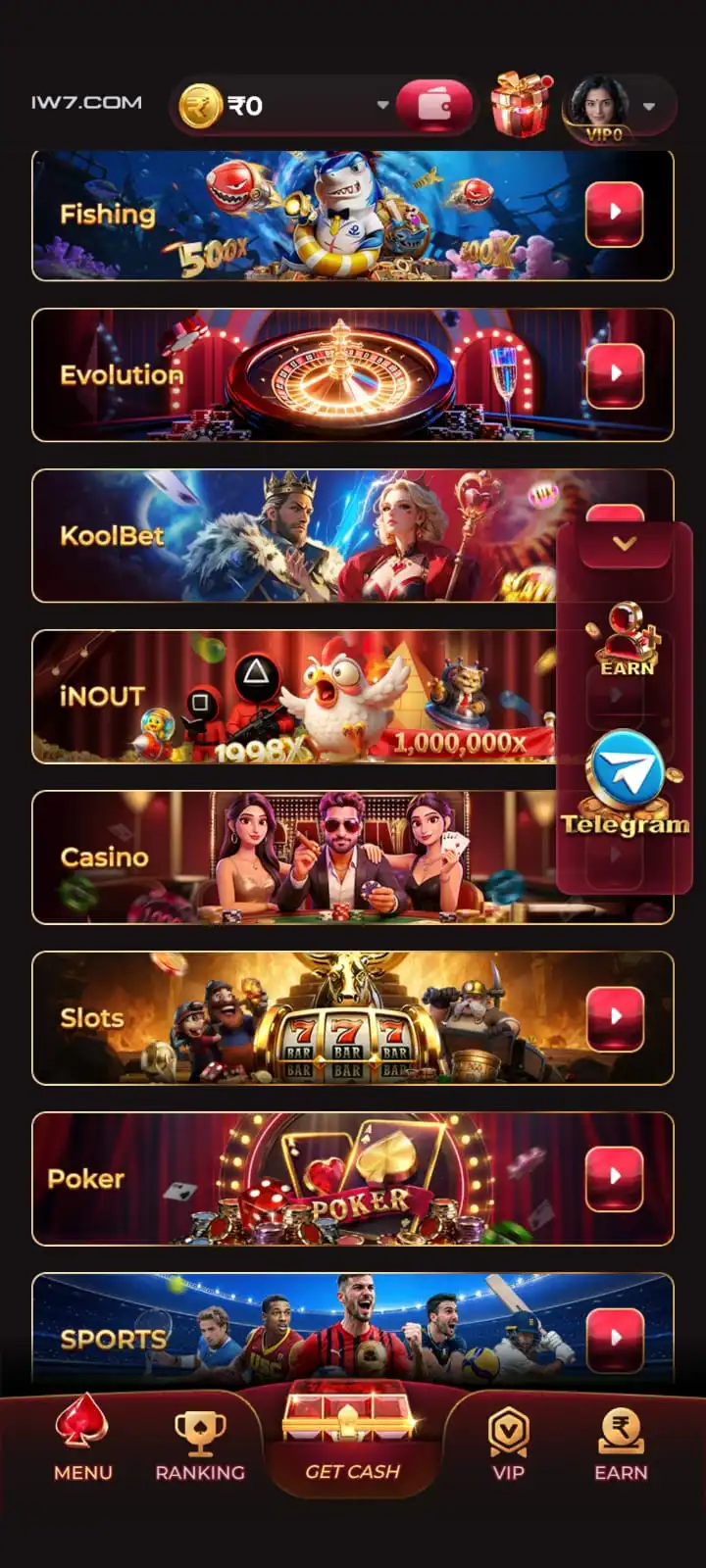 IV7 Game popular games and rewards interface